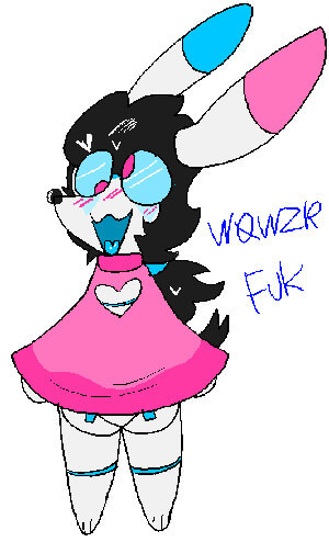 an articulated bunny doll with glasses saying 'W0WZR FUK'.