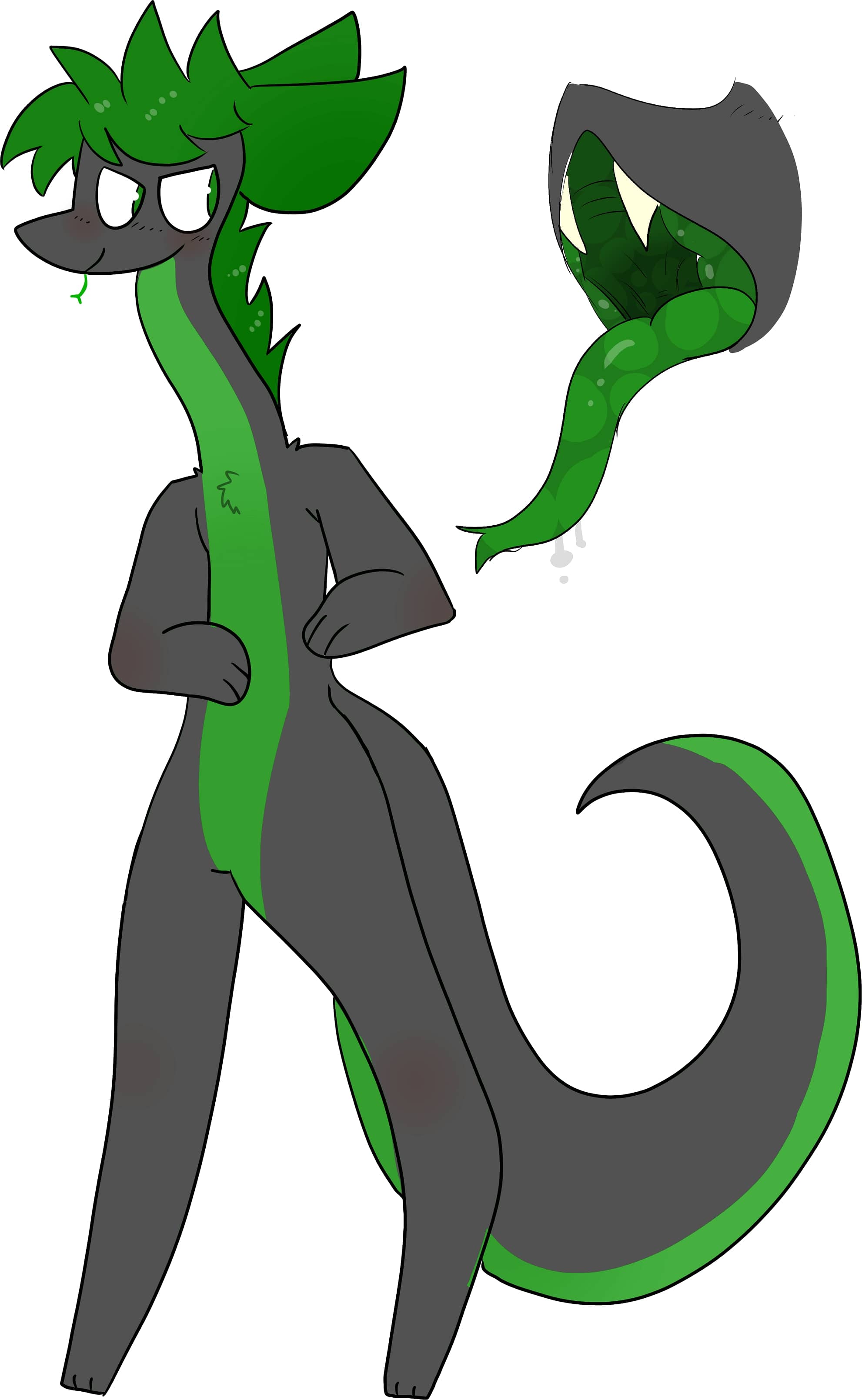 A black and green serpant character, there is also a picture of the inside of his mouth