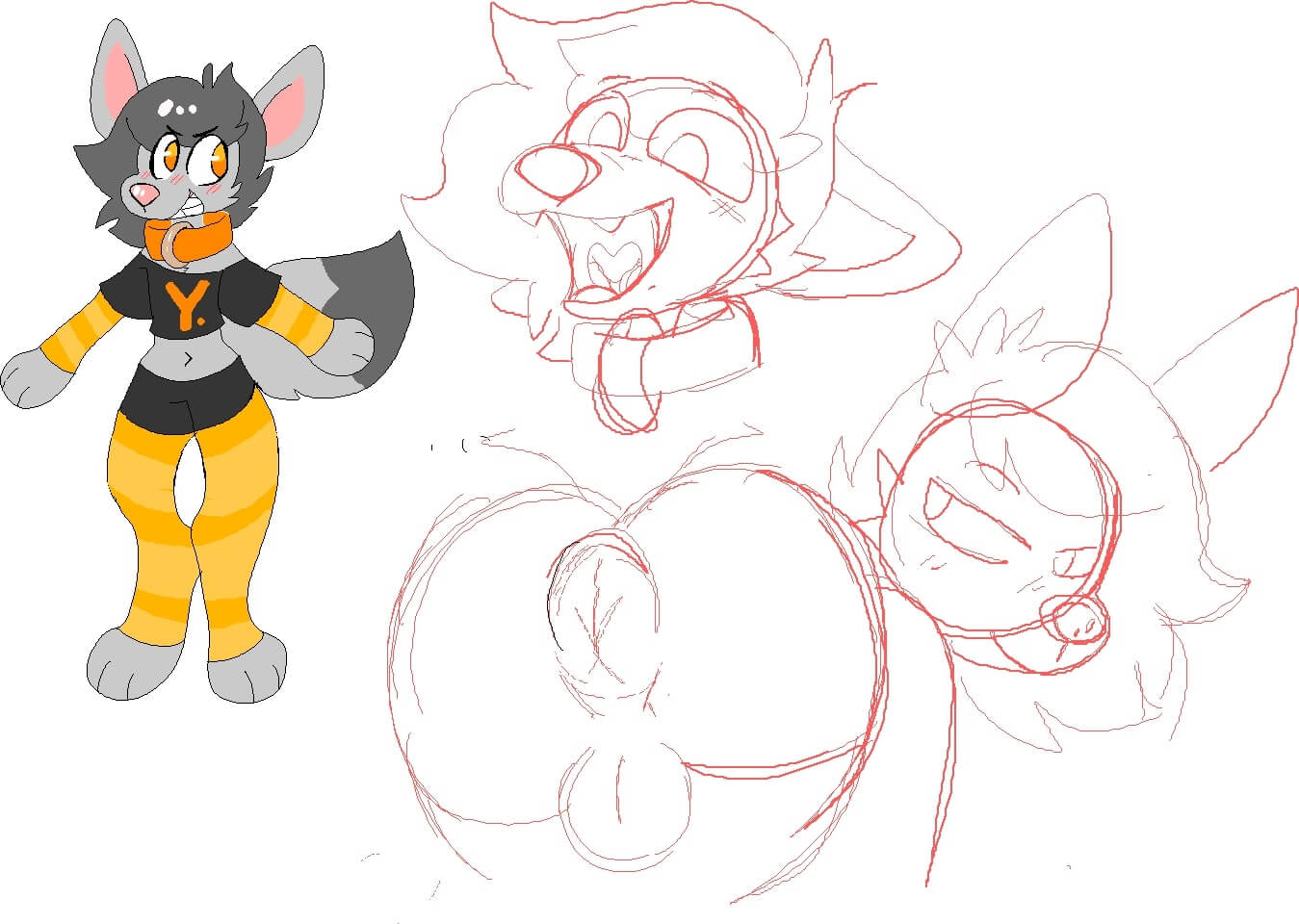 A sketchpage of a fox, 2 sketches on the side show mouth and butt.