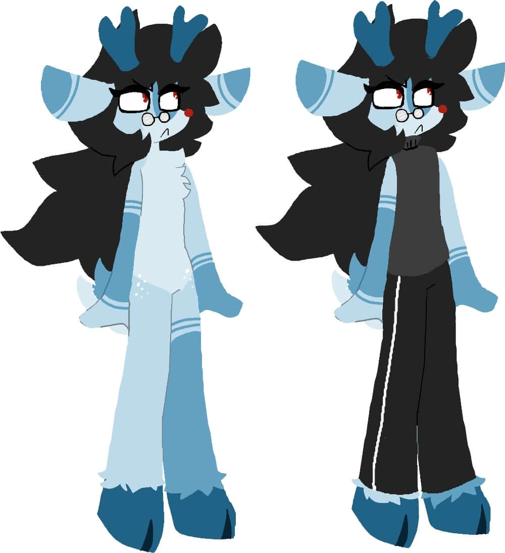 A blue deer in a black outfit