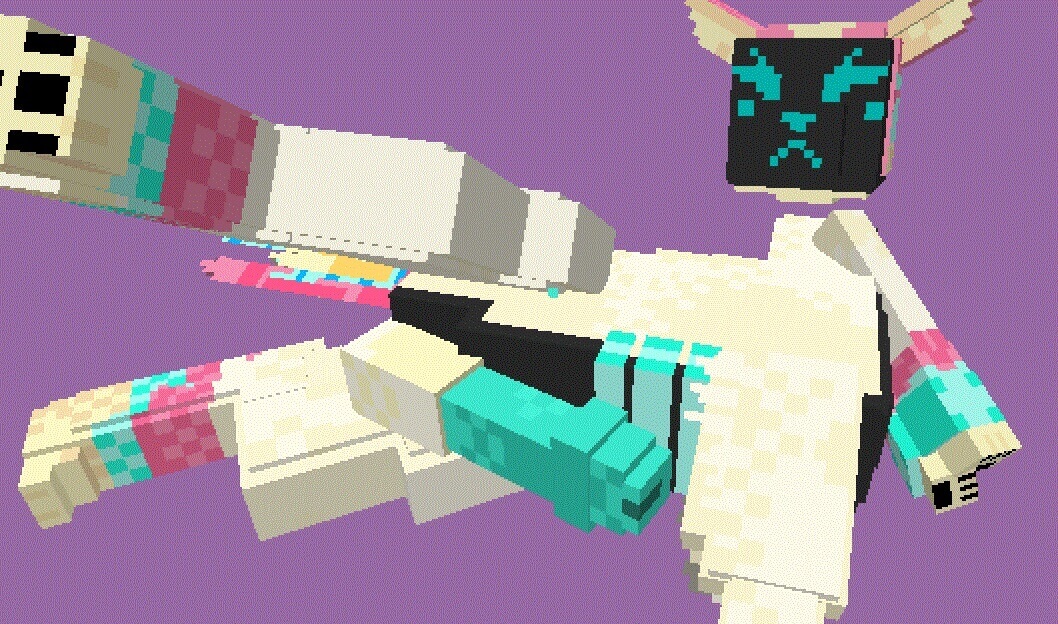  A minecraft style taur laying over blushing with its large penis on display.