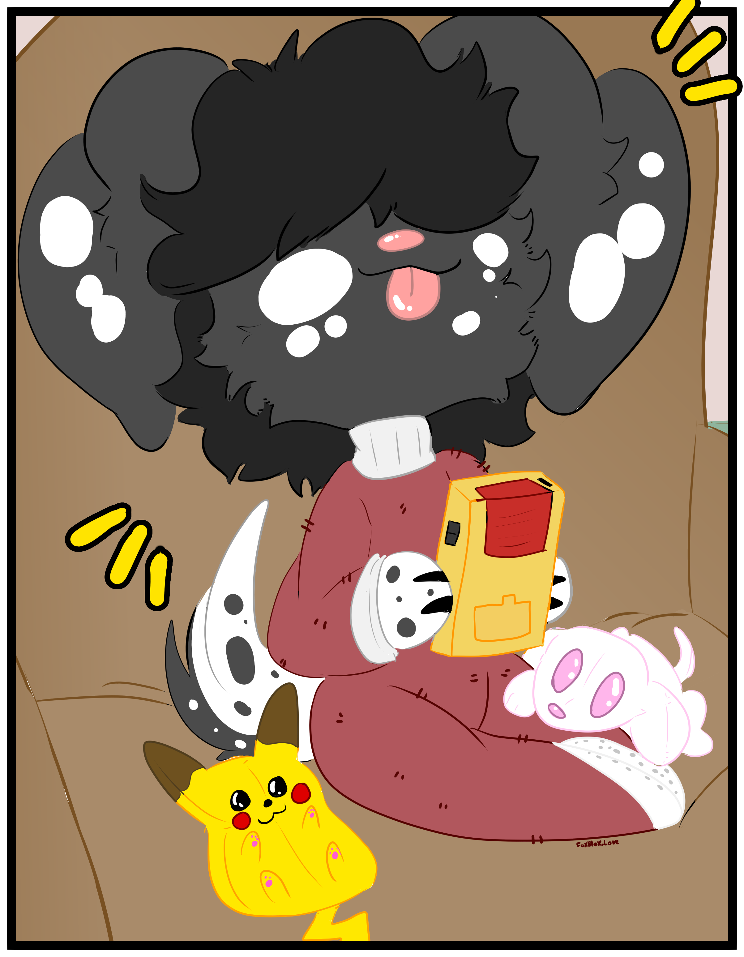 A dalmation with a gameboy and plushies.