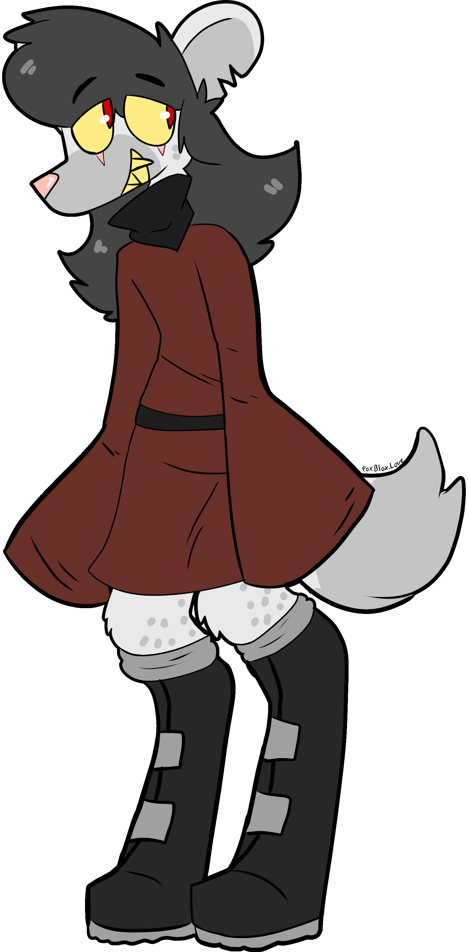 A hyena in a red coat.