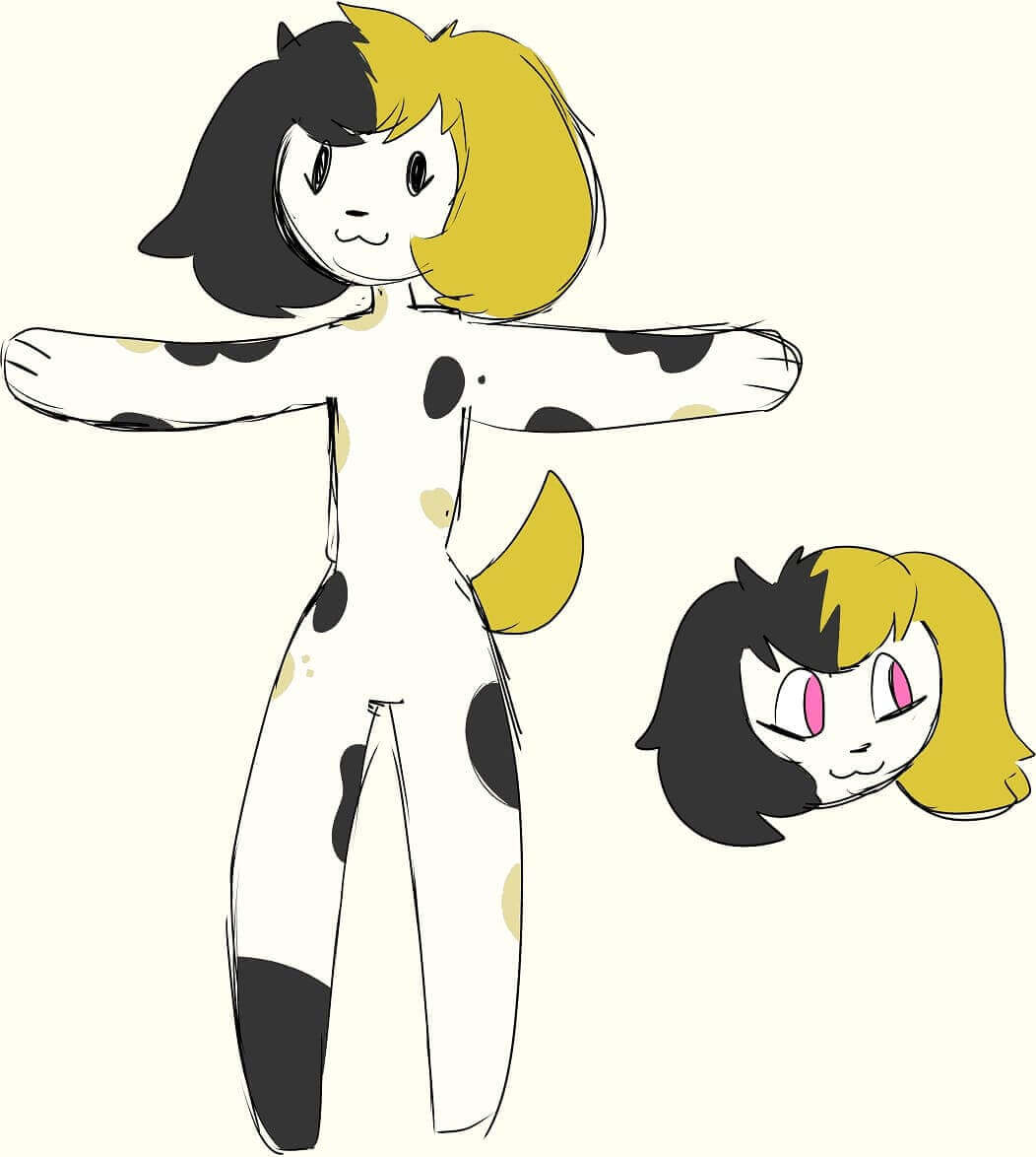 A sketch of a yellow,white, and black dog.