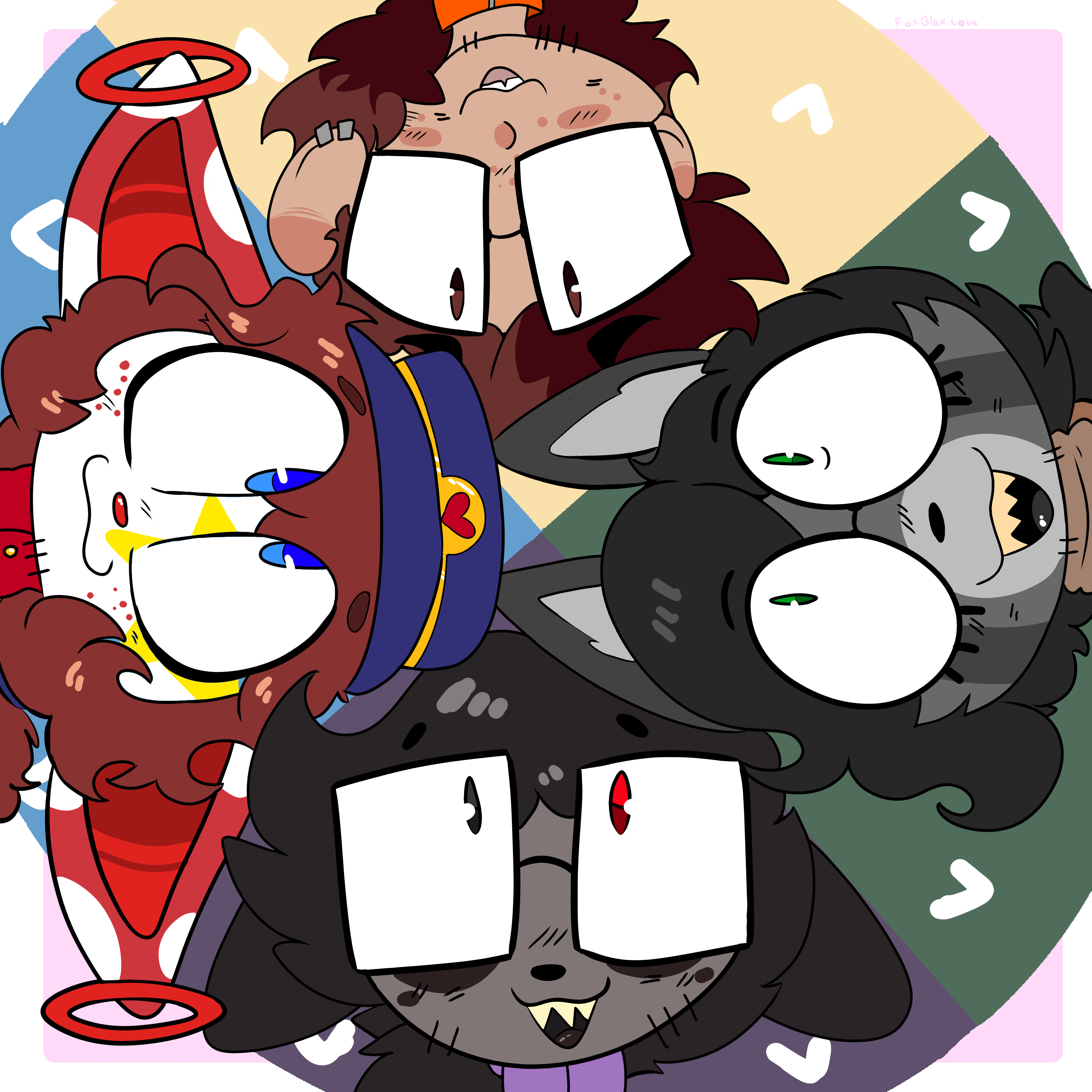 A set of four characters on a wheel