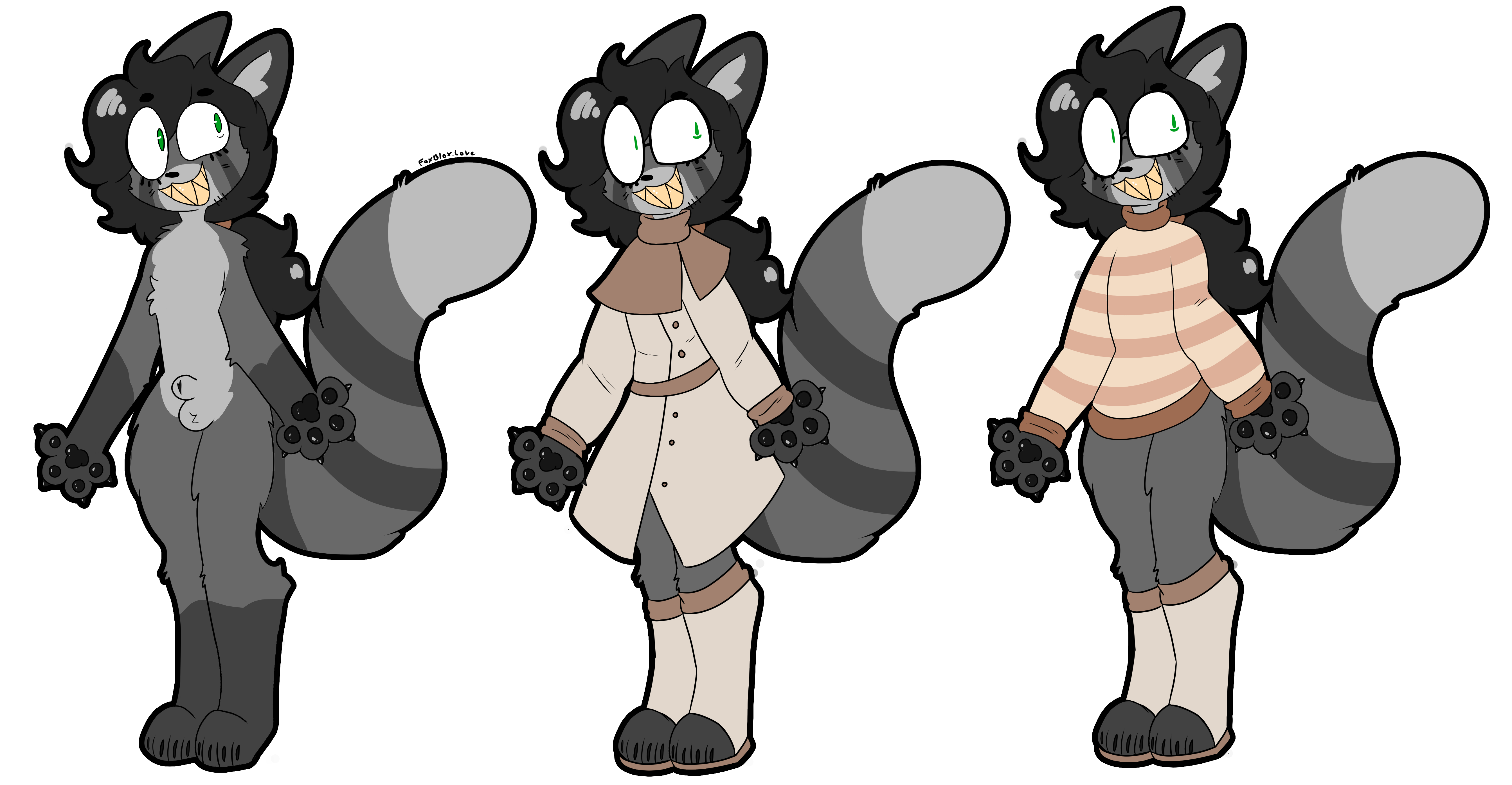 A ref sheet of a grey red panda, in 2 outfits